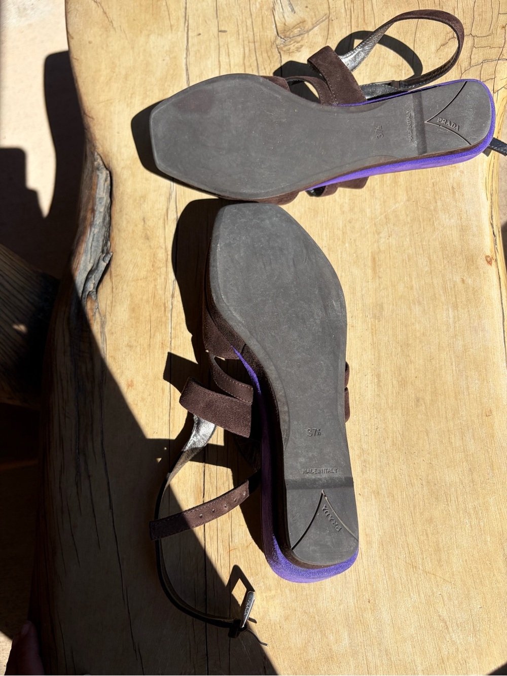 Vintage Prada Brown & Purple Suede Strappy Wedge Sandals — 37.5 / US 7.5 - Picture 8 of 9